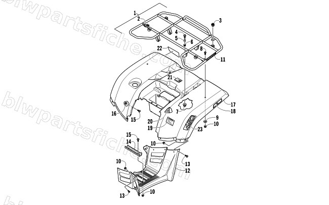 REAR RACK, BODY PANEL, AND FOOTWELL ASSEMBLIES diagram