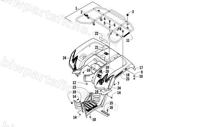 REAR RACK, BODY PANEL, AND FOOTWELL ASSEMBLIES diagram