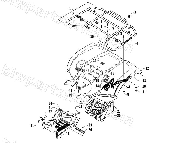 REAR RACK, BODY PANEL, AND FOOTWELL ASSEMBLIES diagram