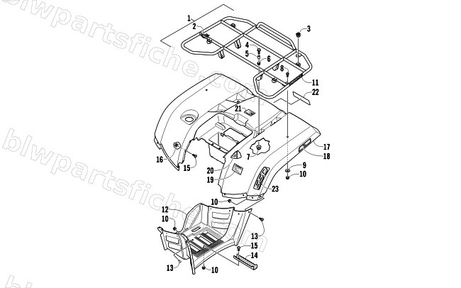 REAR RACK, BODY PANEL, AND FOOTWELL ASSEMBLIES diagram