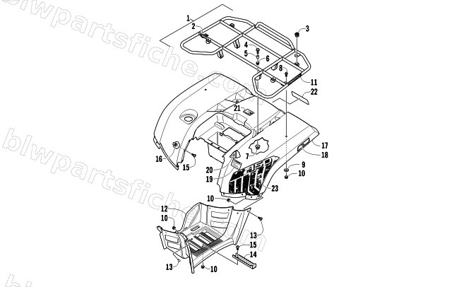 REAR RACK, BODY PANEL, AND FOOTWELL ASSEMBLIES diagram