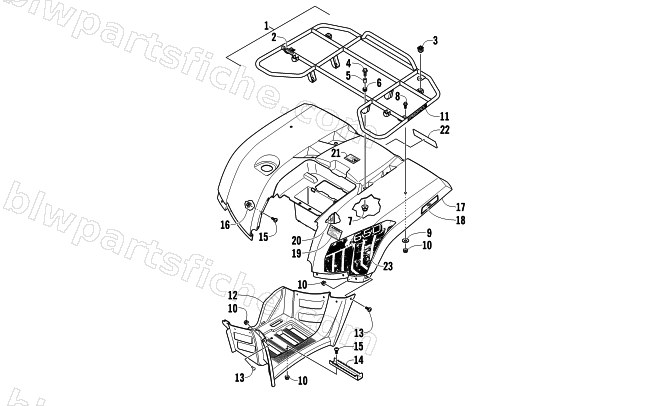 REAR RACK, BODY PANEL, AND FOOTWELL ASSEMBLIES diagram