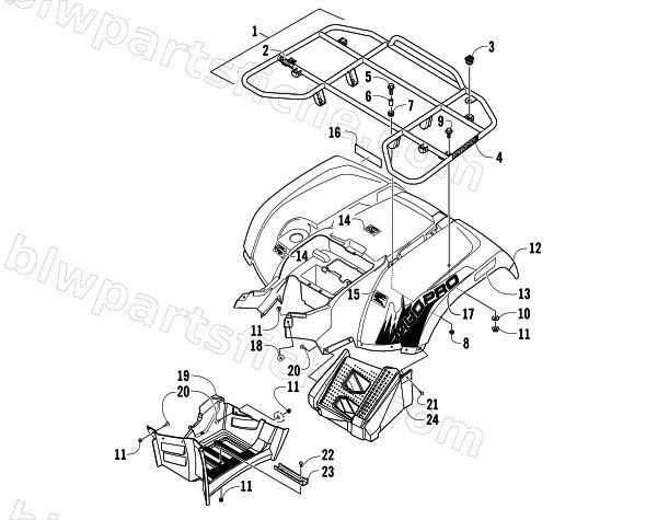 REAR RACK, BODY PANEL, AND FOOTWELL ASSEMBLIES diagram
