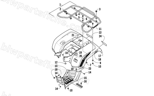 REAR RACK, BODY PANEL, AND FOOTWELL ASSEMBLIES diagram