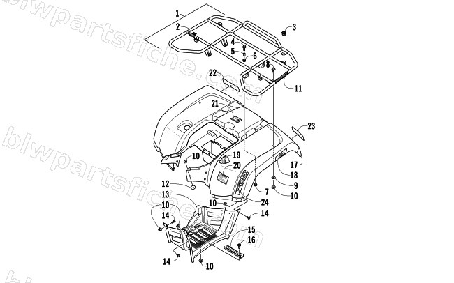 REAR RACK, BODY PANEL, AND FOOTWELL ASSEMBLIES diagram