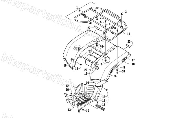 REAR RACK, BODY PANEL, AND FOOTWELL ASSEMBLIES diagram