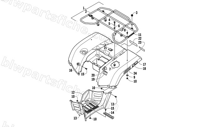 REAR RACK, BODY PANEL, AND FOOTWELL ASSEMBLIES diagram