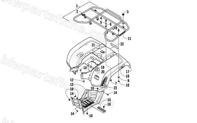 REAR RACK, BODY PANEL, AND FOOTWELL ASSEMBLIES diagram