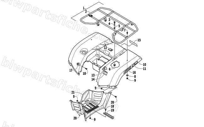 REAR RACK, BODY PANEL, AND FOOTWELL ASSEMBLIES diagram