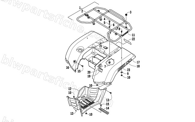 REAR RACK, BODY PANEL, AND FOOTWELL ASSEMBLIES diagram