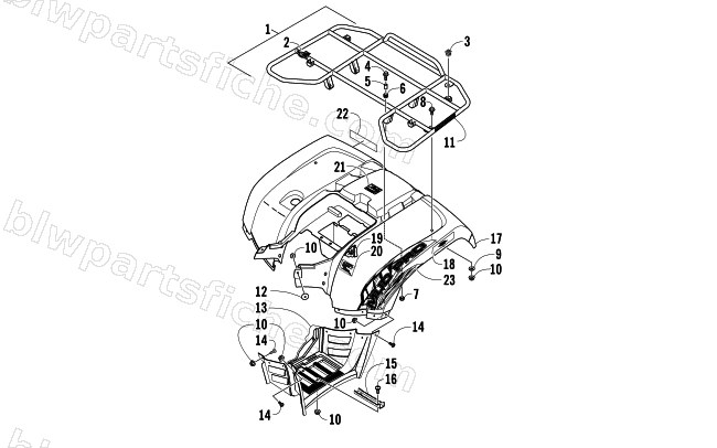 REAR RACK, BODY PANEL, AND FOOTWELL ASSEMBLIES diagram