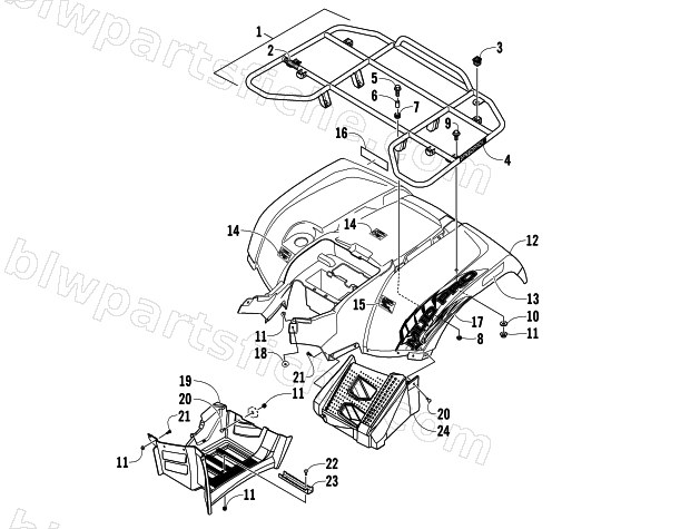 REAR RACK, BODY PANEL, AND FOOTWELL ASSEMBLIES diagram