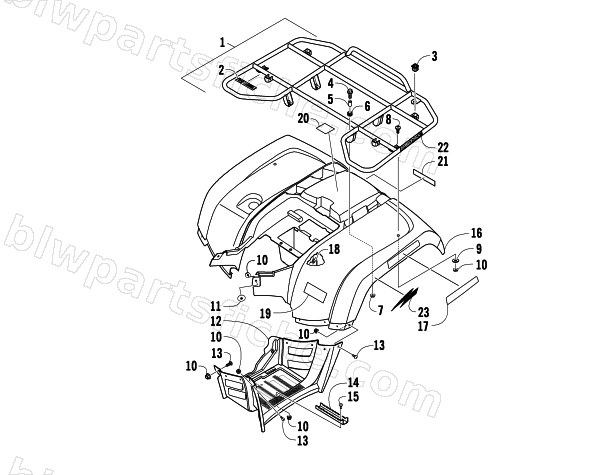 REAR RACK, BODY PANEL, AND FOOTWELL ASSEMBLIES diagram