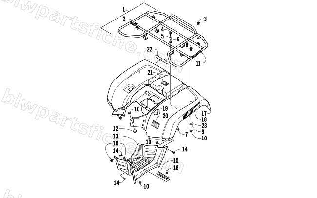 REAR RACK, BODY PANEL, AND FOOTWELL ASSEMBLIES diagram
