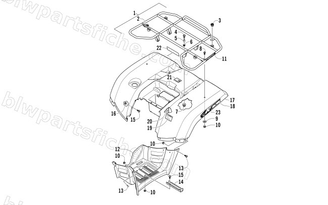 REAR RACK, BODY PANEL, AND FOOTWELL ASSEMBLIES diagram