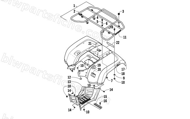 REAR RACK, BODY PANEL, AND FOOTWELL ASSEMBLIES diagram