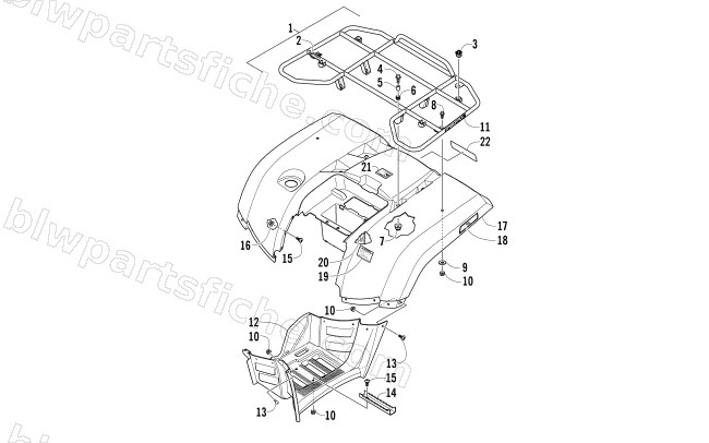 REAR RACK, BODY PANEL, AND FOOTWELL ASSEMBLIES diagram