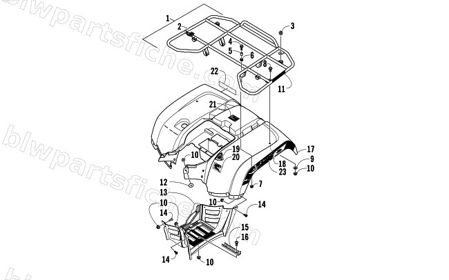 REAR RACK, BODY PANEL, AND FOOTWELL ASSEMBLIES diagram
