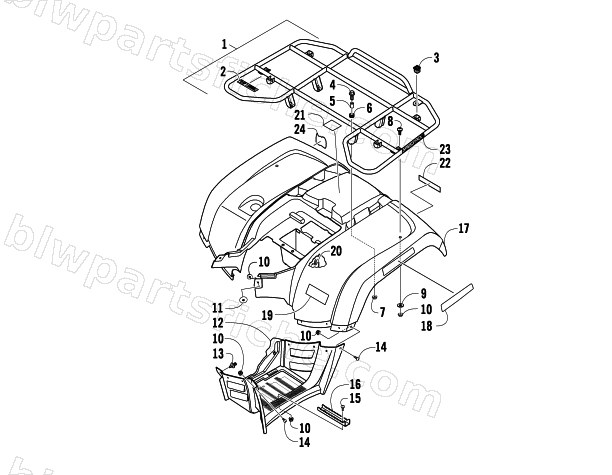 REAR RACK, BODY PANEL, AND FOOTWELL ASSEMBLIES diagram