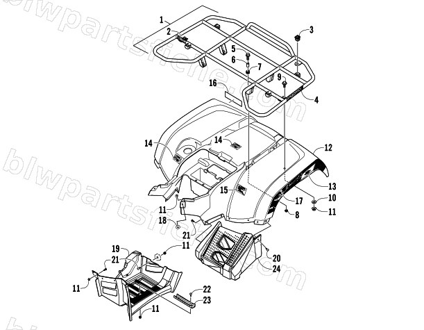 REAR RACK, BODY PANEL, AND FOOTWELL ASSEMBLIES diagram