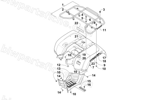 REAR RACK, BODY PANEL, AND FOOTWELL ASSEMBLIES diagram