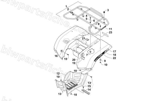 REAR RACK, BODY PANEL, AND FOOTWELL ASSEMBLIES diagram
