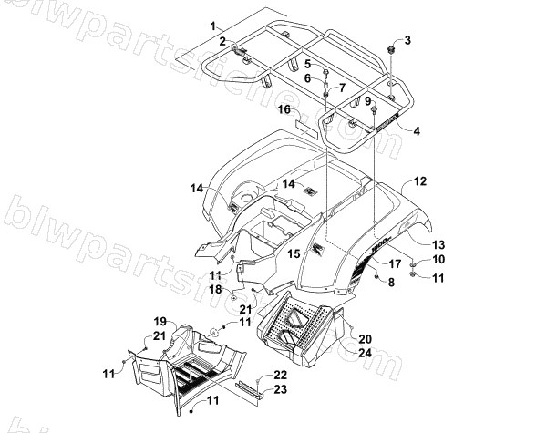 REAR RACK, BODY PANEL, AND FOOTWELL ASSEMBLIES diagram