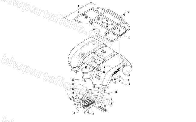 REAR RACK, BODY PANEL, AND FOOTWELL ASSEMBLIES diagram