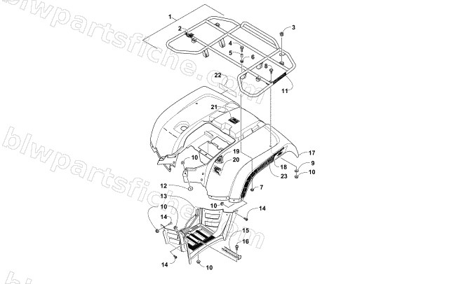 REAR RACK, BODY PANEL, AND FOOTWELL ASSEMBLIES diagram