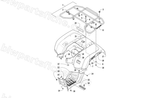 REAR RACK, BODY PANEL, AND FOOTWELL ASSEMBLIES diagram