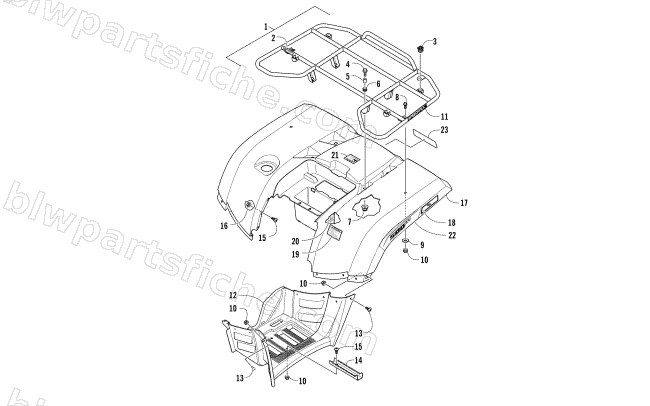REAR RACK, BODY PANEL, AND FOOTWELL ASSEMBLIES diagram
