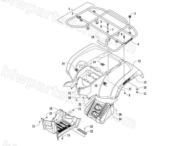 REAR RACK, BODY PANEL, AND FOOTWELL ASSEMBLIES diagram