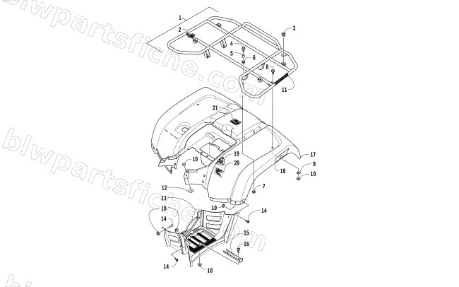REAR RACK, BODY PANEL, AND FOOTWELL ASSEMBLIES diagram