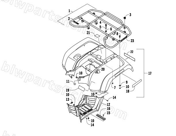 REAR RACK, BODY PANEL, AND FOOTWELL ASSEMBLY diagram