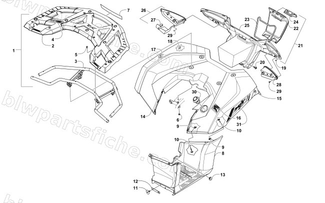 REAR RACK, BODY PANEL, FOOTWELL, AND TAILLIGHT ASSEMBLIES diagram