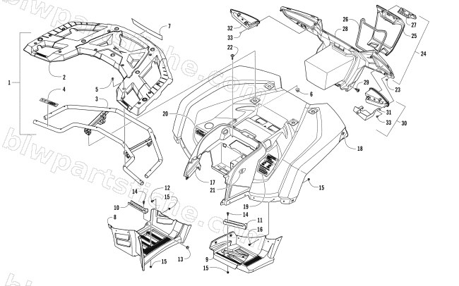 REAR RACK, BODY PANEL, FOOTWELL, AND TAILLIGHT ASSEMBLIES diagram