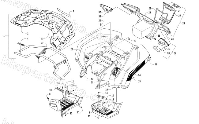 REAR RACK, BODY PANEL, FOOTWELL, AND TAILLIGHT ASSEMBLIES diagram