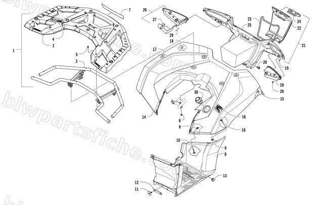 REAR RACK, BODY PANEL, FOOTWELL, AND TAILLIGHT ASSEMBLIES diagram