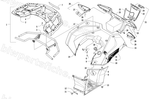 REAR RACK, BODY PANEL, FOOTWELL, AND TAILLIGHT ASSEMBLIES diagram