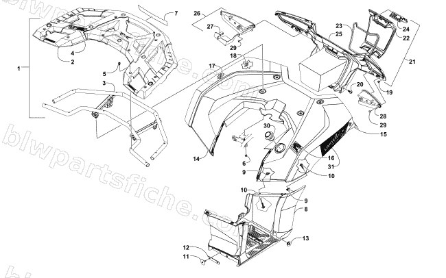 REAR RACK, BODY PANEL, FOOTWELL, AND TAILLIGHT ASSEMBLIES diagram