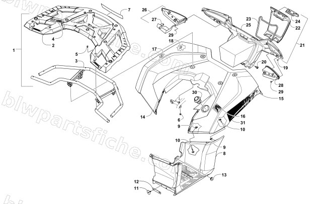 REAR RACK, BODY PANEL, FOOTWELL, AND TAILLIGHT ASSEMBLIES diagram