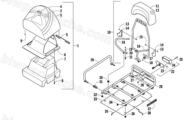 REAR SEAT, BACKREST, AND RACK ASSEMBLY diagram