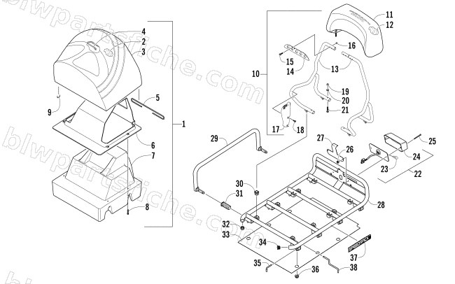REAR SEAT, BACKREST, AND RACK ASSEMBLY diagram