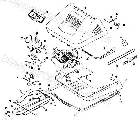 SKI, HOOD, ENGINE, AND BELLY PAN diagram