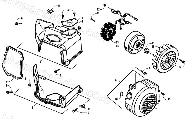 STATOR, FLYWHEEL, AND ENGINE SHROUD ASSEMBLIES diagram