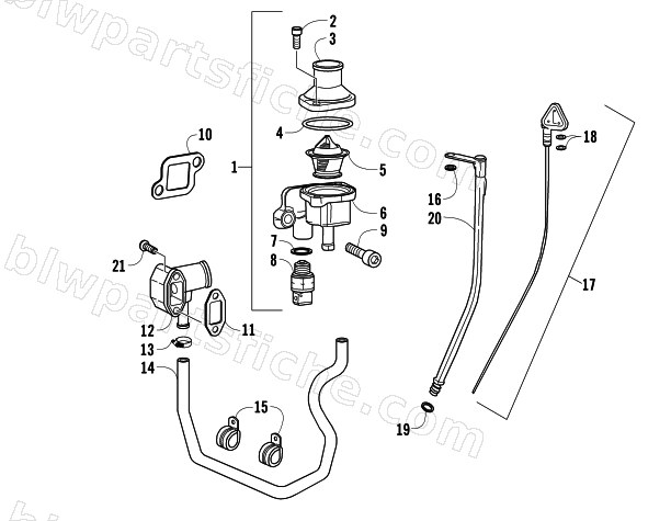 THERMOSTAT, WATER INLET FLANGE, AND OIL LEVEL STICK ASSEMBLIES diagram
