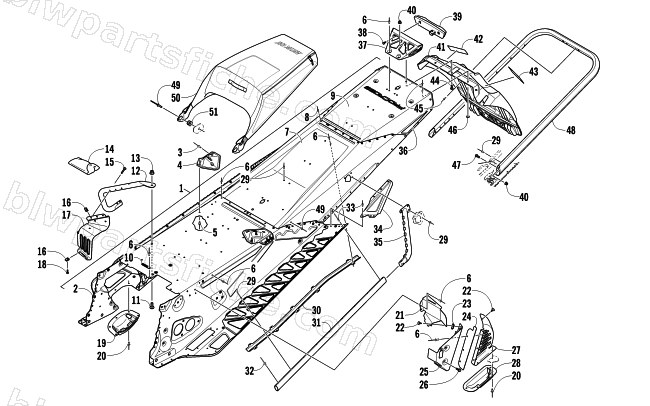 TUNNEL, REAR BUMPER, AND SNOWFLAP ASSEMBLY diagram