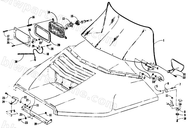 WINDSHIELD, HEADLIGHT, AND HOOD HINGE diagram