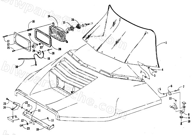 WINDSHIELD, HEADLIGHT, AND HOOD HINGE diagram