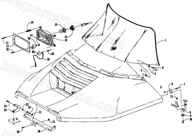 WINDSHIELD, HEADLIGHT, AND HOOD HINGE diagram